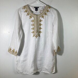 Womens Chelsea & Theodore Embroidered Linen V Neck‎ White Gold Tunic S